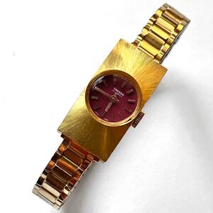 Vintage TRESSA 17j 10k GP Gold Maroon Dial Rectangular Mechanical 
 Watch Runs